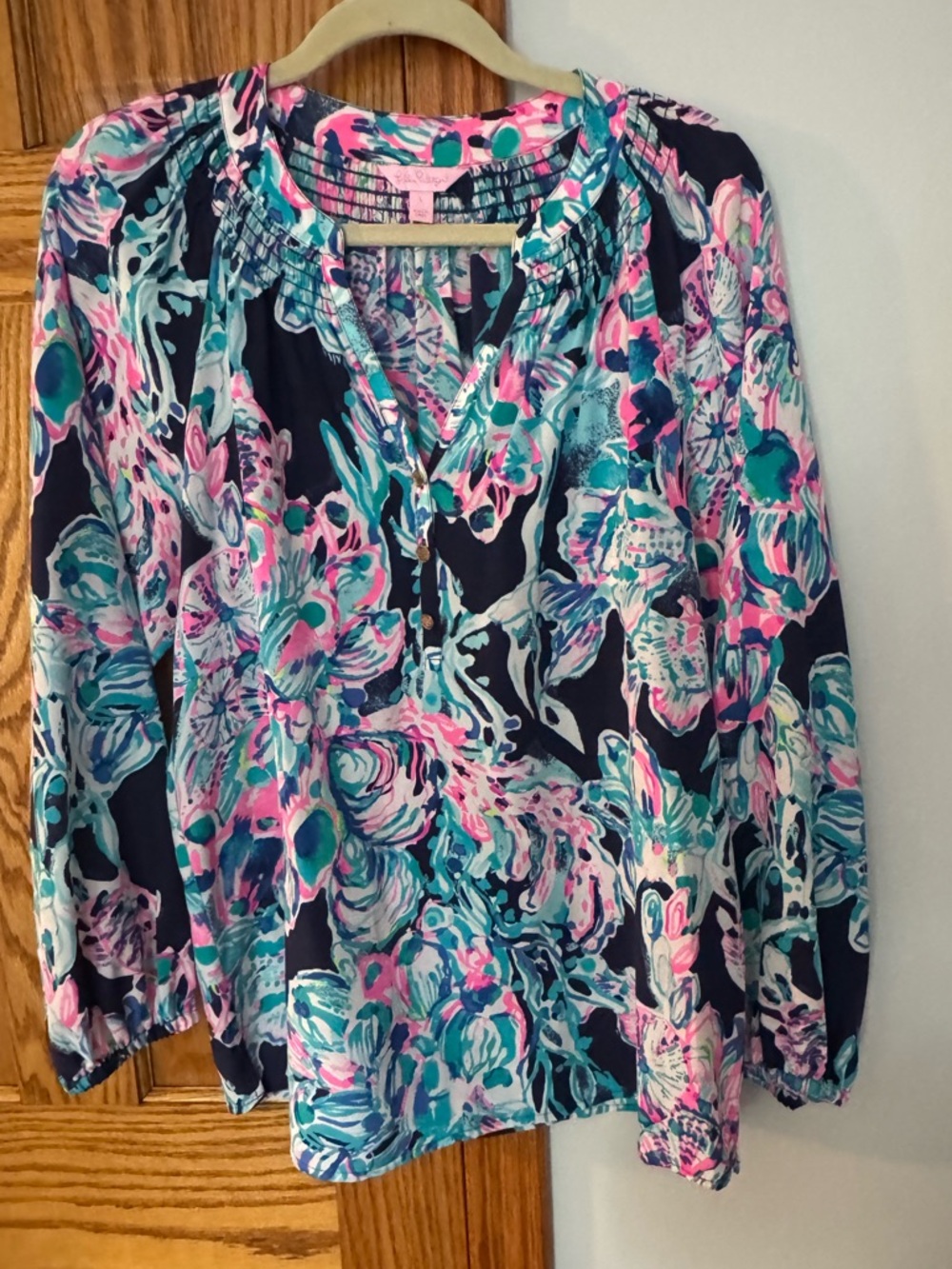 Lilly Pulitzer Silk Elsa Blouse Large navy pink